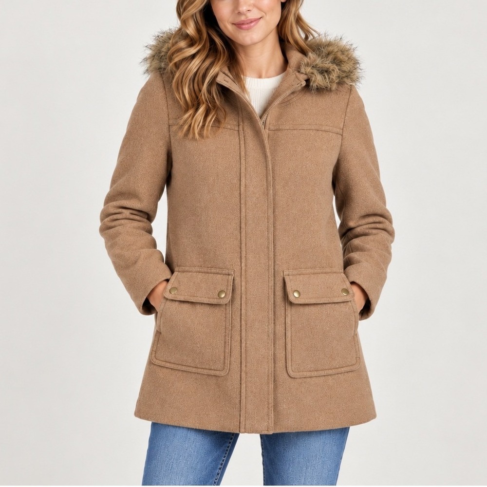 J.Crew Mercantile Vail Parka 0 Camel Tan Wool Blend Faux Fur Hood Coat Jacket